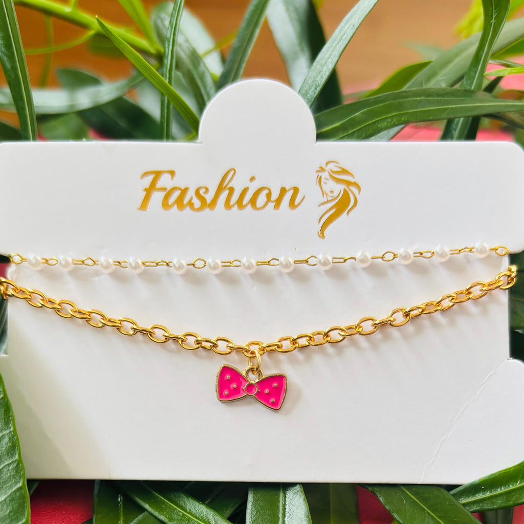 Pink Bow Double Chain Bracelet